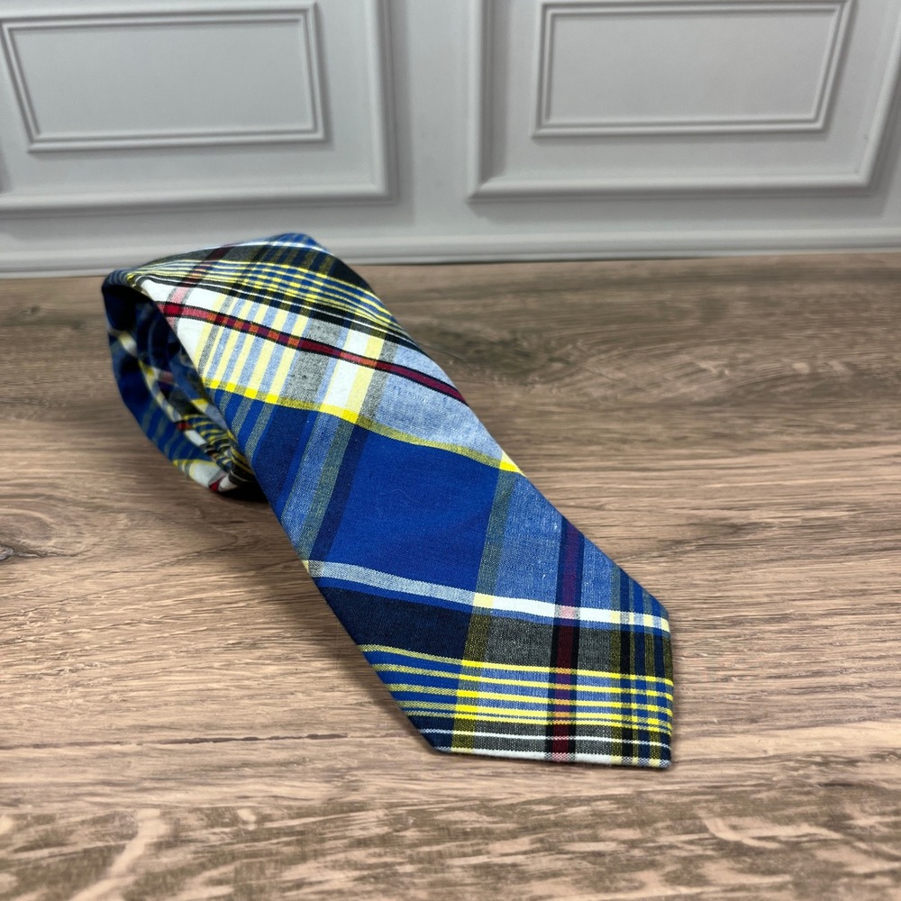 Nordstrom Men's Shop Necktie Mens Blue Yellow Plaid Cotton Classic Tie‎